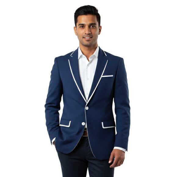 Luxurious Men's Dark Blue Suit Jacket With White Trim